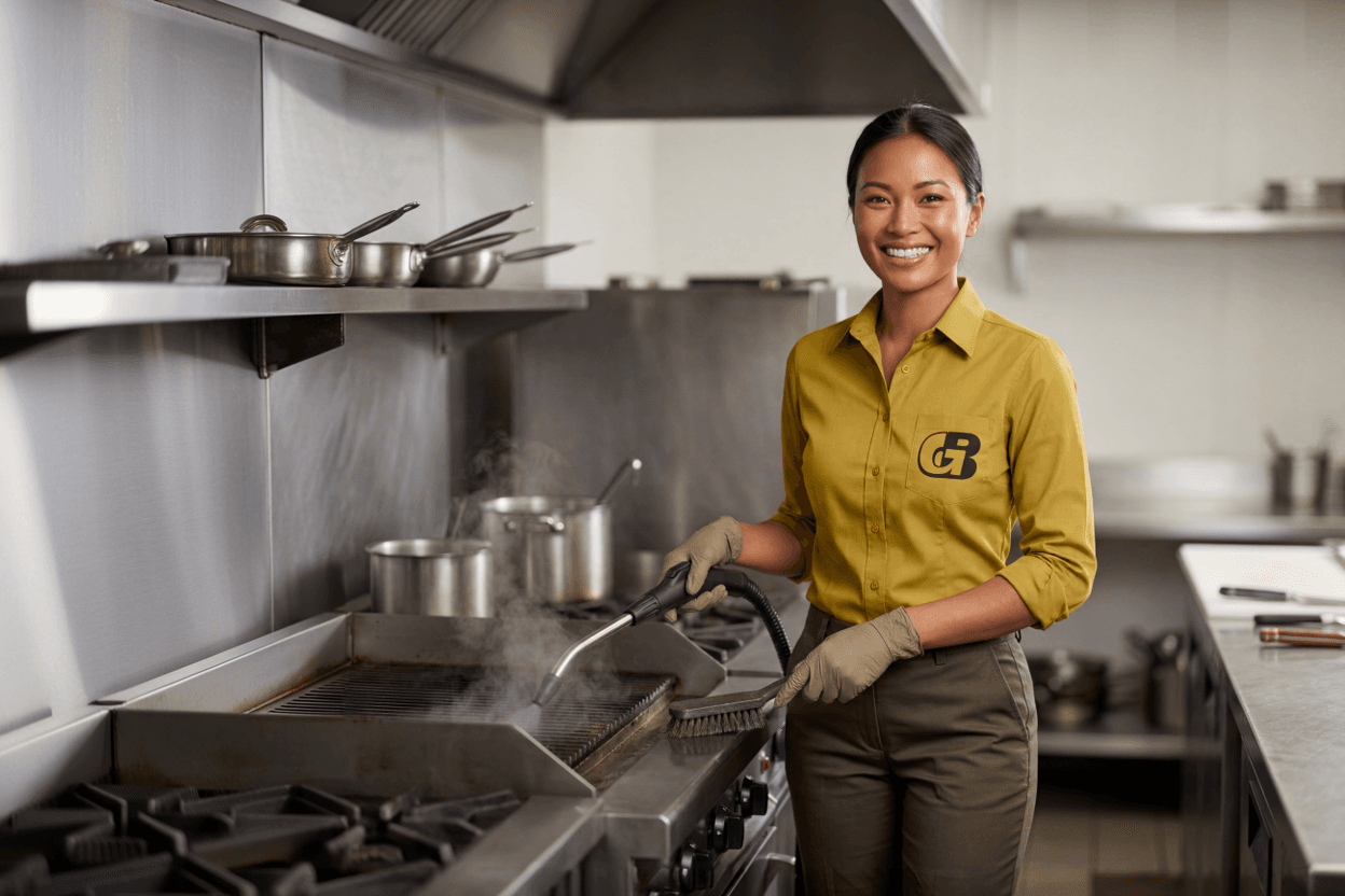 Cleaner in mustard polo holding cleaning equipment