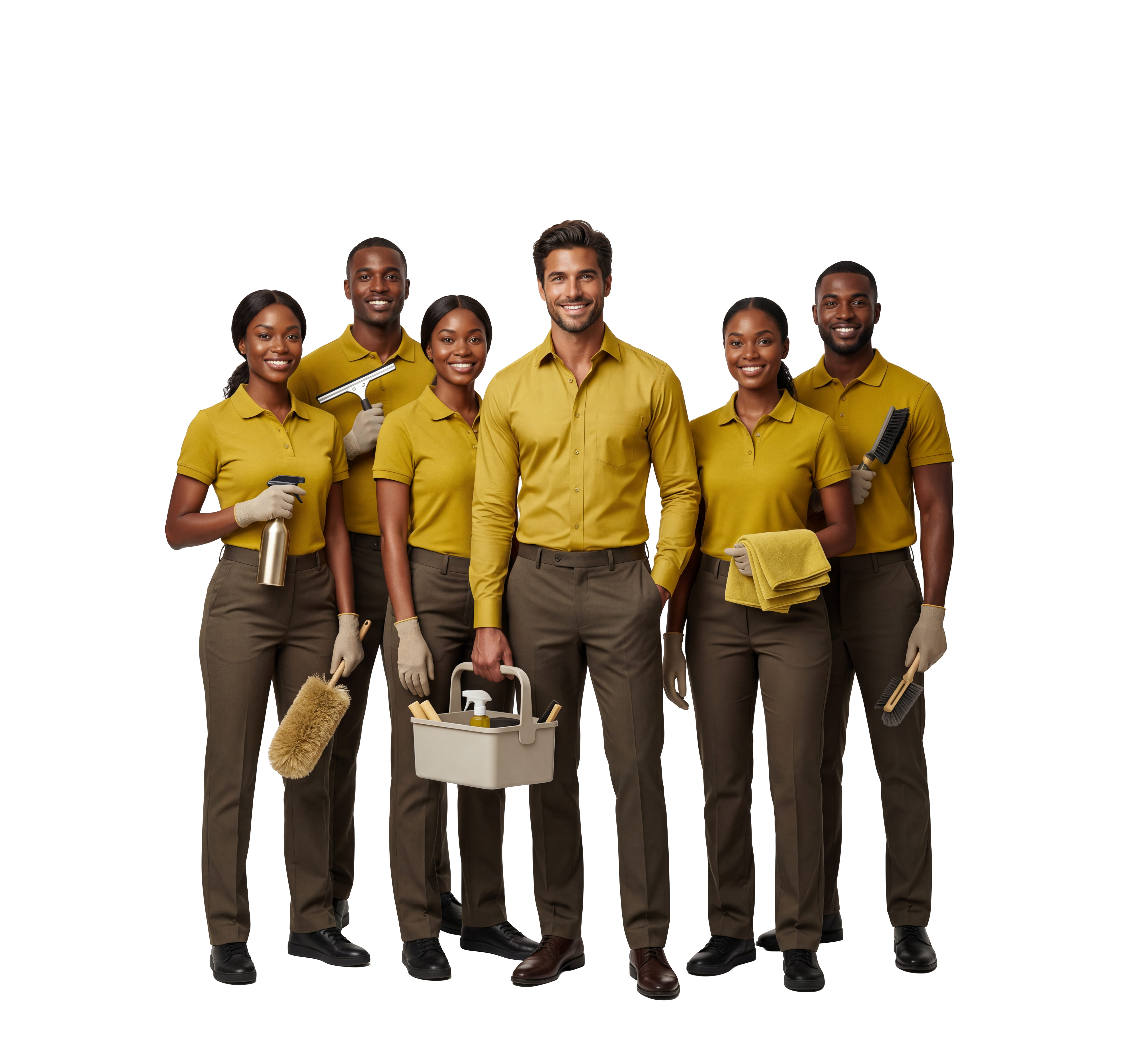 The G-Bright cleaning team in mustard polos and dark trousers