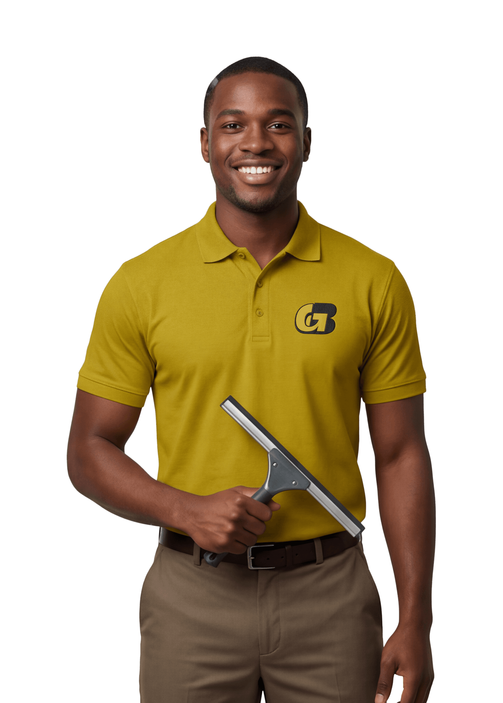 G-Bright cleaner — man in mustard polo holding squeegee